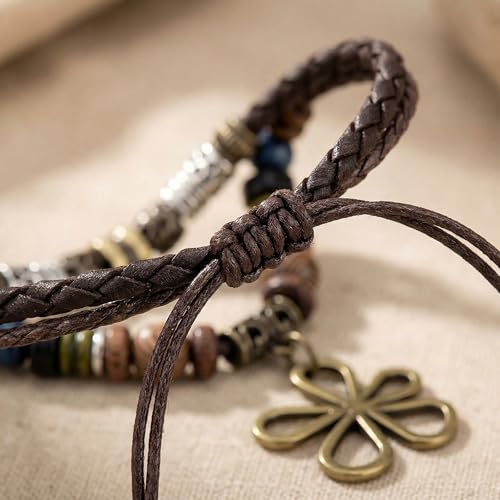 Boho Necklace for Women,Vintage Butterfly Pendant Necklaces,Adjustable Wooden Beads Layered Braided Choker,Fashion Tribal Style Leather Rope Necklace Jewelry,Chunky Statement Gift for Women - color: Brown3