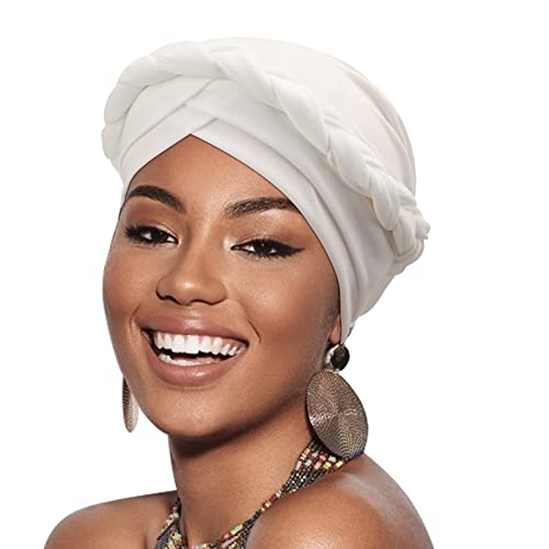 DRESHOW Turban Pre-Tied Twisted Hat Thread African Head Wraps for Black Women Chemo Cancer Cap Braid Hair Cover - color: 1 Pack Twisted Braid: Solid White