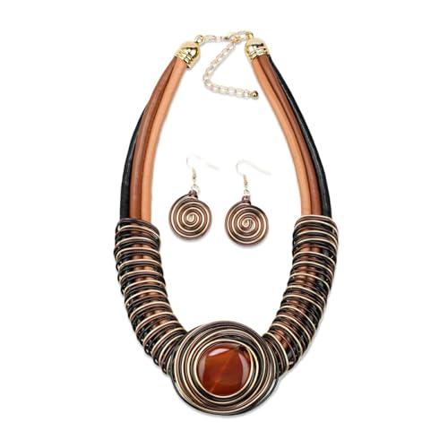 Ethnic Crystal Rhinestone Pendant Necklace Earrings Set Women Handmade Tribal Collar Choker Chunky Metal Bib Rope Chain African Statement Jewelry Set - color: NXR1425-brown