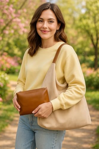 Large Work Tote Bags for Women, Boho Slouchy Suede Purses Handbags - color: Beige