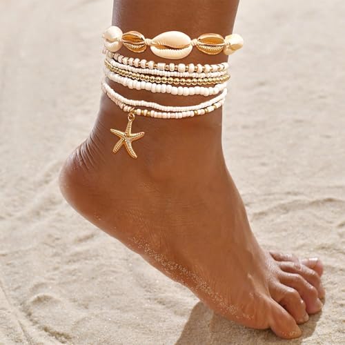 Shell Anklets Bracelet for Women Waterproof Surfer Starfish Bracelet Puka Shell Anklet Colorful Boho Stack Stretch Bead Bracelet Set Hawaii Summer Beach Vacation Foot Jewelry - color: White
