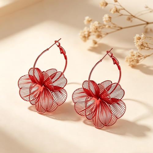 Gold Flower Statement Earrings for Women Boho Trendy Hoop Earrings Floral Dangle Petal Earring Prom Wedding Jewelry Gifts - color: A6:red