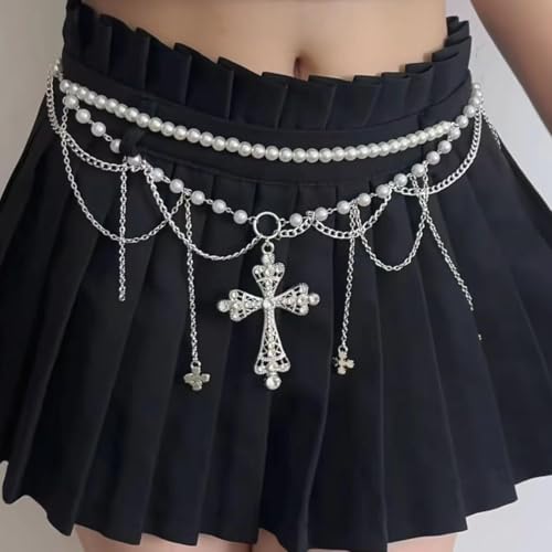 Ayliss Gothic Cross Waist Chain Belt Goth Punk Belt Pearl Beaded Belly Emo Y2k Grunge Accessories for Halloween Cosutme