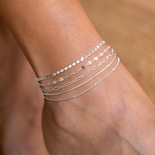 DEARMAY 14K Gold Plated Ankle Bracelets for Women Waterproof - Dainty 6Pcs Anklets Layered Cuban Link Chain Herringbone Cute Anklets Set Pack Summer Beach Jewelry Gift for Women Teen - color: Silver Anklet C