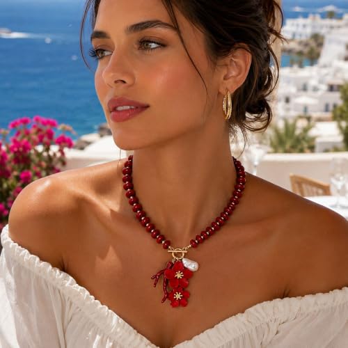 Red Beaded Necklace for Women Choker Gold Toggle Clasp Layered Stack Dainty Statement Western Boho Trendy Summer Vacation Necklaces Birthday Jewelry Gifts - color: C2:Red Beaded Necklace