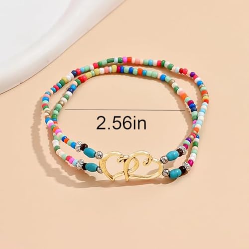 Ankle Bracelets for Women Waterproof Elastic Heart Anklet Stretchy Ankle Bracelets Colorful Beaded Anklets Boho Ankle Bracelets Silver Beach Anklet Jewelry Accessories for Summer - color: Gold Rainbow Anklets