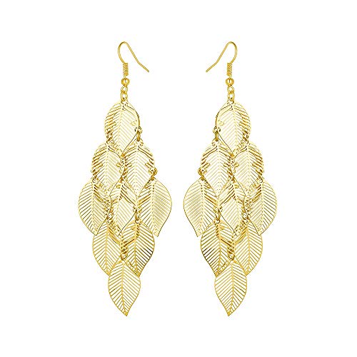 Bohemian Boho Filigree Leaf Chandelier Dangle Earrings for Women – Handcrafted Delicate – 14K Gold Plated – Lightweight - style: Gold - 5 Layered Leaf Chandelier