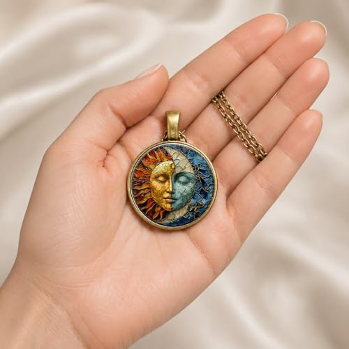 1pc Stunning Round Pendant Necklace - Unique Sun & Moon Pattern, Oil Painting Style Glass Mosaic, Alloy Construction, Trendy Sweater Chain, Fashionable Gift for Women - Christmas or Birthday Gift - color: Bronze Chain
