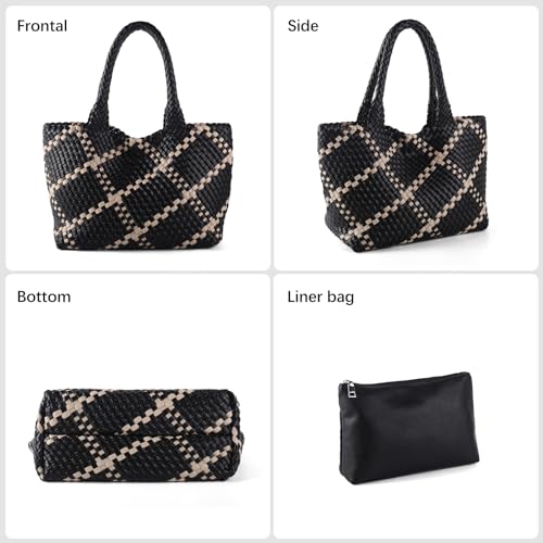Woven Tote Bag Womens Purse Vegan Leather Shoulder Handbags Fashion Summer Beach Tote Bags Large Travel Totes - color: Black-a