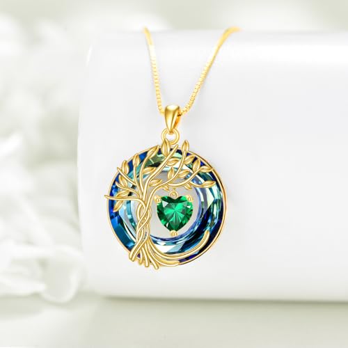 POPLYKE Mothers Day Gifts for Mom Her Wife Tree of Life Necklace 925 Sterling Silver Birthstone Pendant with Crystal Anniversary Birthday Wedding Jewelry for Women - color: 05-May-Emerald, style: 18K Gold Plated-Blue Crystal