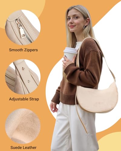 Herald Suede Crossbody Bag for Women, Vintage Hobo Handbag Crescent Shoulder Purses with Adjustable Strap Winter Fall - color: Suede Khaki