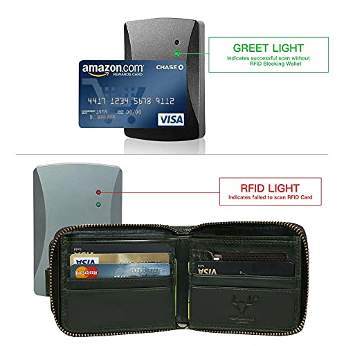MING CLAN Leather RFID Blocking Bifold Wallet For Men With Zipper, Flap ID Window Zip Coin Pocket, Big Capacity Credit Card Holder For Travel - color: Green