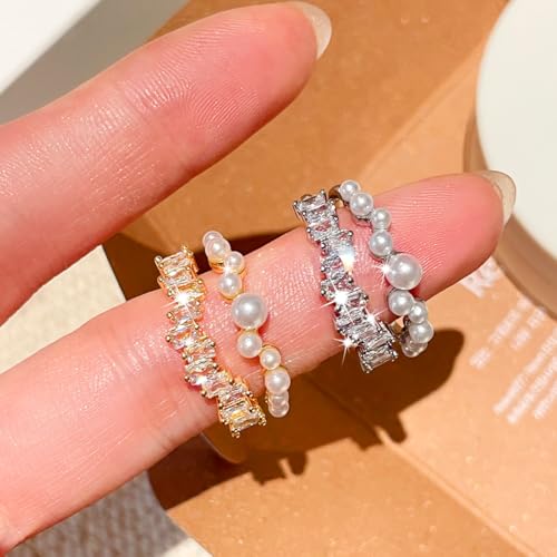 Vintage Crystal Pearl Ring Adjustable Shiny Rhinestone Wrapped Ring Layered Cocktail Knuckle Finge Rings Irregular Pearl Open Band Rings Jewelry Gifts - color: Silver