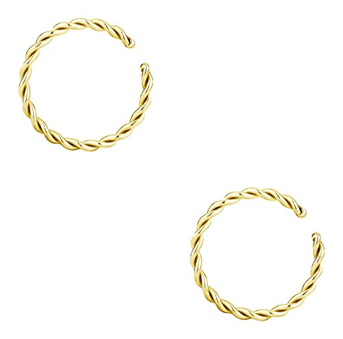 Forbidden Body Jewelry Nose Rings Set Surgical Steel Braided Hoops for Pierced and Fake Nose and Cartilage Piercings 14G-20G - style: 16g 8mm Gold Tone (2Pcs)