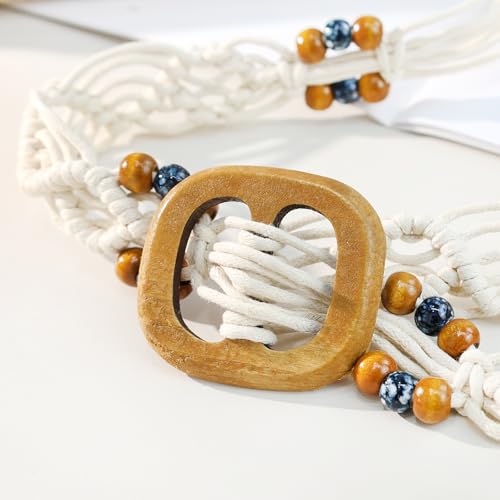 Women Braided Waist Belt Boho Woven Belt with Wooden Beads and Ring Clasp Vintage Long Tassel Rope Tie Belt for Dress - color: Beige 5