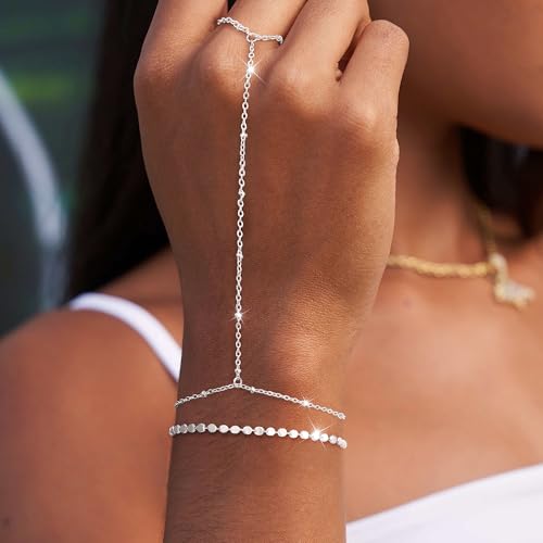Moodear Gold Hand Chain Bracelet for Women - 14K Gold Plated/Sterling Silver Layered Adjustable Satellite Bead Paperclip Dot CZ Link Hand Chain Ring Bracelets Non Tarnish Trendy Jewelry Gift - style: Dot Hand Chain-SL