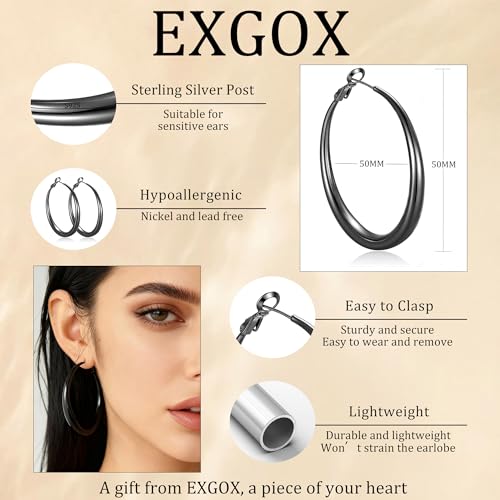 EXGOX Sterling Silver Hoop Earrings - Hypoallergenic, Lightweight, Chunky, 14K Real Gold Plated, Big Large Hoops for Women - color: Chunky&Black hoop 50mm