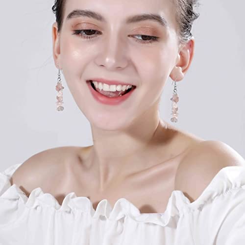 Handmade Bohemian Vintage Silver Nature Stone Beads Long Dangle Drop Earrings for Women - color: Pink