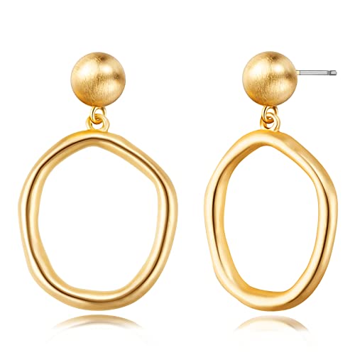 Stud Earrings for Women 14k Gold Plated Geometric Dangle Earrings Lightweight Minimalist Handmade Hammered Texture Oval Disc Drop Double-layer Big Hoop Dangle Earrings for Women - color: Big Hoop-Gold