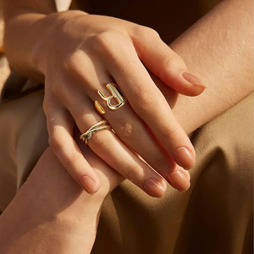 FindChic Customizable Initial Ring Statement 18K Gold Plated Fashion Cuff Rings for Women Alphabet Letter A to Z Resizable Knuckle Ring (with Gift Box) - color: B