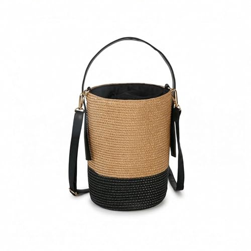 Eiyye Mini Woven Bucket Bag for Women Lightweight Straw Style Crossbody Purse with Leather Strap Drawstring Closure Summer Boho Handbag