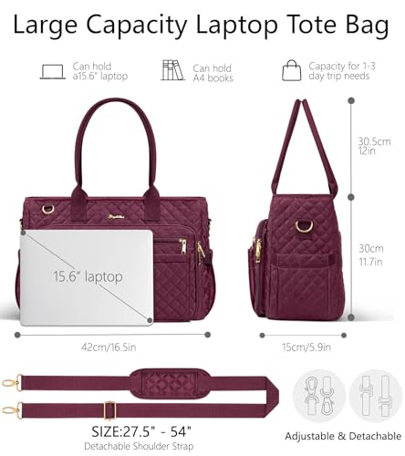 Bagstellar Teacher Bags for Women, 15.6 inch Laptop Work Tote Bag Quilted Nurse Bible Computer Shoulder Bag for School Travel | Dream Tote Work Bag - color: Burgundy