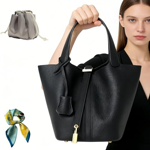 Genuine Leather Bucket Bag for Women: Lock Design Shoulder Handbag Versatile Top-Handle Tote Fashionable Vegetable Basket - color: Black