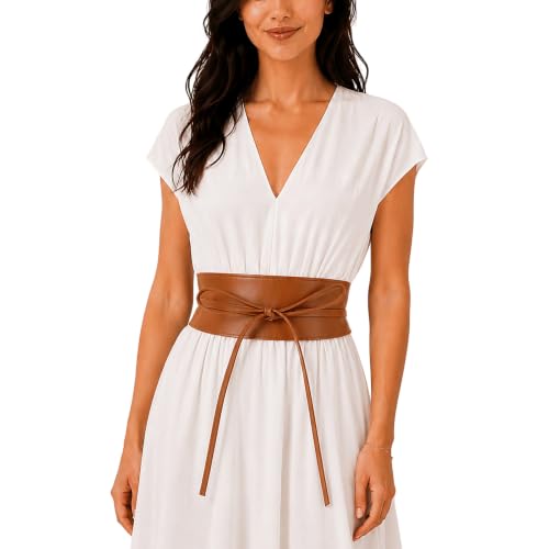 FASHIONGEN - Woman Italian leather Obi belt, CASSIANE - color: Camel, size: Small-Medium