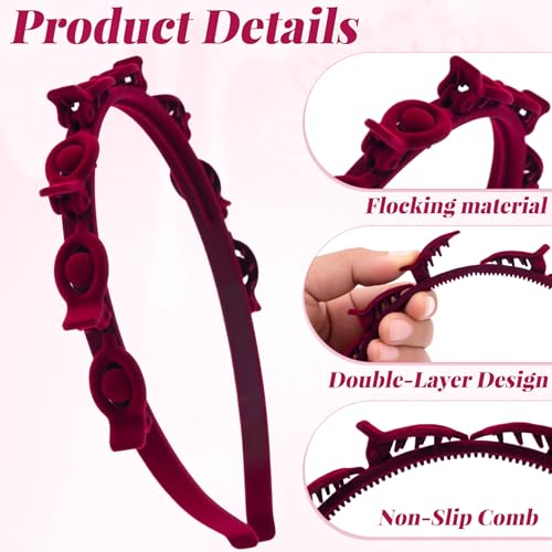 2 Pcs Headband with Clips, 90s Butterfly Hair Clips Headband with Teeth for Women, Braided Weave Bangs Non-Slip Clip Headbands Hair Accessories for Styling Decoration- Flocked Red - color: 2 pcs,Red