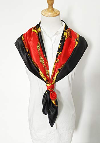 vabovin Satin Head Scarf for Women Silk Like Hair Scarf, 35 x 35 in | Silk Feel Fabric, Hair Wrap for Sleeping, Headscarf and Neck Scarf, Square Bandana Style, Fashion Accessory - color: 005 Red Black Chain Print