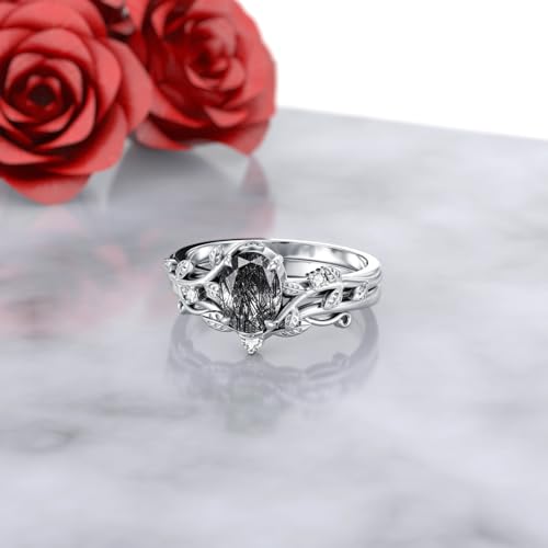 Natural Moss Agate Ring for Women 925 Sterling Silver Pear/Oval/Kite/Heart/Hexagon/Emerald/Coffin Cut Green Leaf Moss Agate Engagement Ring Promise Bridal Set Anniversary Birthday Jewelry Gifts - color: Oval Cut Black Rutilated Quartz