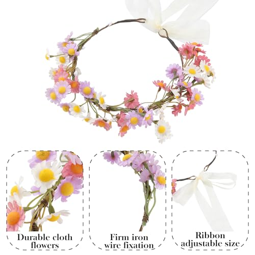 AWAYTR Flower Hippie Floral Crown - Boho Sunflower Headband for Women, Hippie Costume and Hair Accessories (Purple/Pink/White) - color: Purple/Pink/White