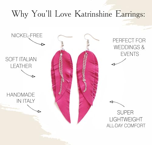Black shiny Leather Feather Earrings for Women, Lightweight Minimal Boho Dangle Earrings, Small Simple Everyday Jewelry - color: Pink fuchsia