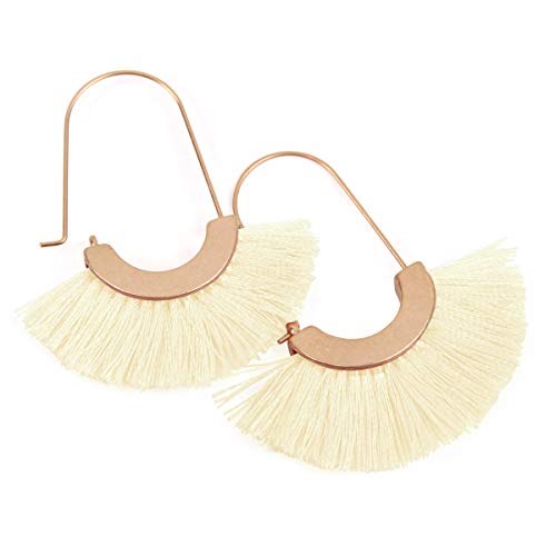 Bohemian Silky Thread Tassel Strand Fringe Statement Hoop Earrings - Lightweight Semi Circle Fan Threader, Mermaid Hoops - color: Fan Tassel Threader - Ivory