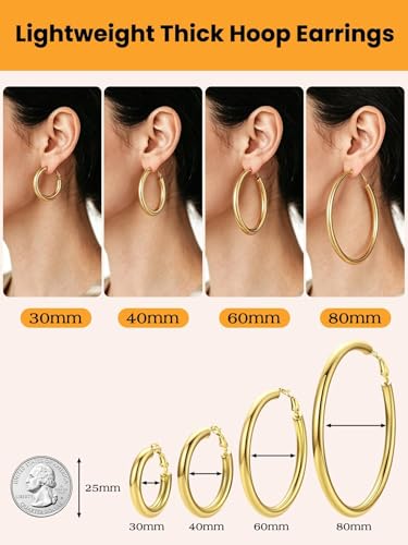 Bestyle 5mm Thick Gold Hoop Earrings Hypoallergenic Hoops for Sensitive Ears Trendy Lightweight Chunky Earrings for Women 30/40/60/80mm - color: 01-Gold, size: 60mm