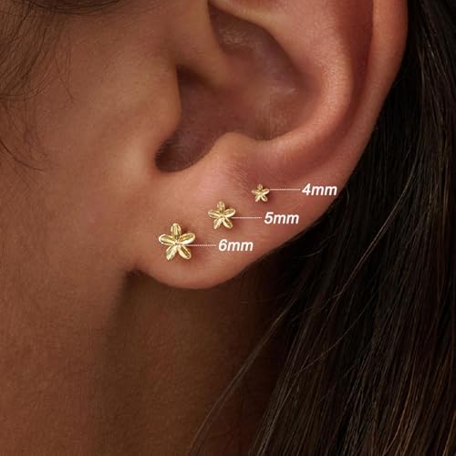 3 Pair Tiny Flat Back Earrings for Women - 14K Gold/White Gold Plated Dainty Cute Small Screw Flatback Stud Earring, Everyday Wear Gift - color: Flower Flat-4/5/6mm Gold