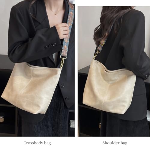 Hobo Bags for Women Crossbody Bag Guitar Strap Purse Vegan Leather Shoulder Handbags Boho Purses Tote Bucket Bag - color: Beige