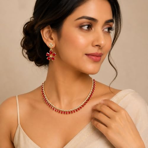 JewarHaat Indian Bollywood Necklace Set AD CZ Elegant Gold Plated Multi Stones Sparkling Crystals Choker with Earrings Fashion Jewellery for Women & Girls - color: Pearl/Moti