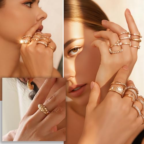 17IF 18 PCS Dainty 14K Gold Ring Set for Women Sparkle Chunky Quartet Diamoned Clean Aesthetic Cross Snake Cherry Classy Designs Plus Size for Stacking on Thumb Knuckle