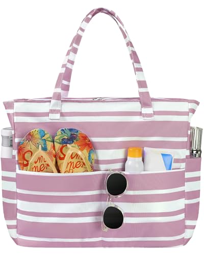 Trifabricy Beach Bags for Women Waterproof Sandproof Women Tote Bag, Large Beach Bag with Zipper for Gym Travel Vocation - color: Pink