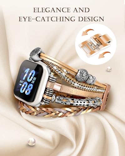 Compatible With Apple Watch 44mm Women, Boho Bracelets for Apple Watch Band 46mm 45mm 49mm, Jewelry Multilayer Wrap Leather Strap for iWatch Series Ultra3 11 10 9 8 7 6 5 4 3 2 1 SE - color: A-Rose Gold, size: 49/46/45/44/42mm(series 3/2/1)