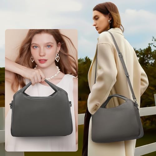 KOGTLA Medium Genuine Leather Purses for Women with Detachable Satchel Strap, Ladies Soft Handbags, Tote Hobo Bags - color: Grey