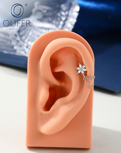OUFER 16G Chain Cartilage Piercing Jewelry-316L Surgical Steel Gold Flat Back Push Pin Helix Earring, Star Clear CZ Double Chain Lobe Piercing Jewelry - style: Flower-Silver