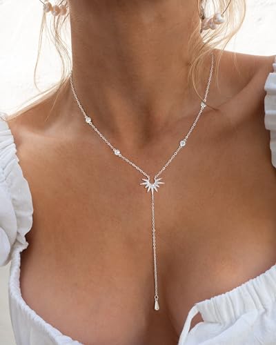 CHESKY Long Necklaces for Women, 14k Gold Plated/Streling Silver Lariat Necklace Dainty Statement Prom Necklace Rosary Cross Sun Drop Pendant Dangle Necklace Gold Prom Jewelry for Women Gifts - style: y necklace 05
