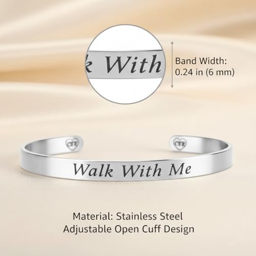 Walk With Me Stainless Steel Cuff Bracelet – Faith-Inspired Christian Jewelry with Scripture Engraving, LDS Daily Reminder Bracelet for Missionaries, Youth & Adults