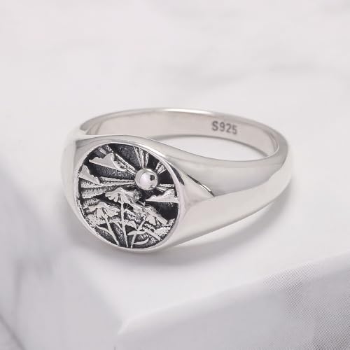 925 Sterling Silver Chunky Signet Rings for Men Women Coin Ring Mens Pinky Ring Engraved Sun Tree Jewelry Size 6-13 - color: Silver