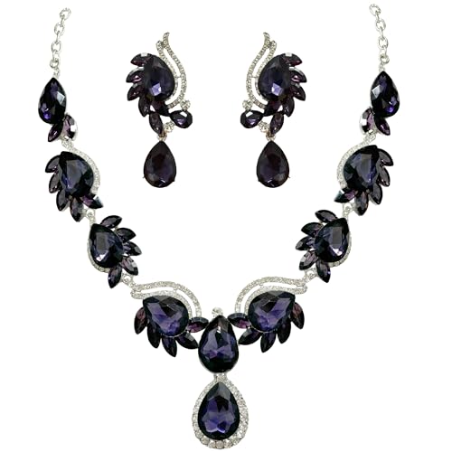 Women Jewelry Set Rhinestone Crystal Bride Statement Choker Necklace Teardrop Cluster Dangle Earrings Set for Wedding Prom Party - color: Violet