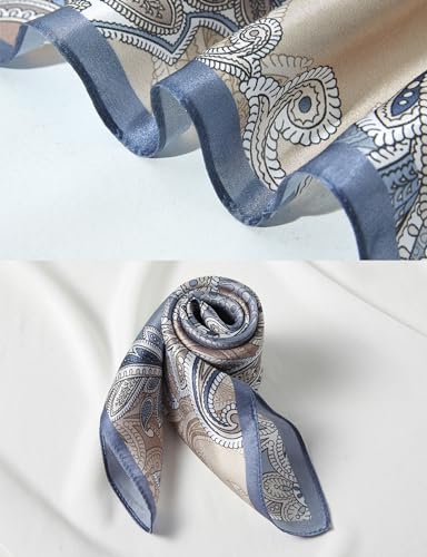 100% Mulberry Silk Neck Scarf 21''x21'' Small Square Hair Scarf for Women Men Lightweight Bandana Envelope Package - color: Cashew- Blue