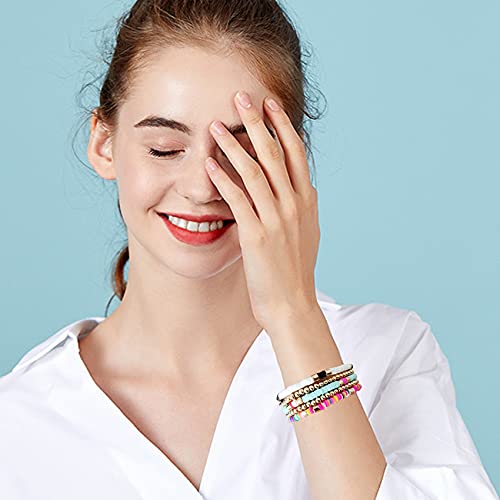GOOJIDS Surfer Heishi Clay Bead Bracelets for Women Bohemian Stackable Gold Plated Beaded Stretch Bracelets Elastic Layering Friendship Bracelets Set Boho Jewelry - color: C-White 5pcs