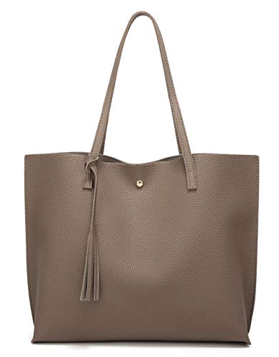 Dreubea Women's Soft Faux Leather Tote Shoulder Bag from, Big Capacity Tassel Handbag - color: Dark Khaki